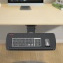 VEVOR keyboard tray mounted under a desk with a keyboard and mouse, next to a computer screen.