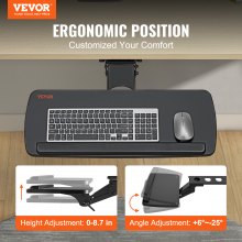 VEVOR Keyboard Tray under Desk Adjustable Height, Height and Angle Adjustable under Desk Keyboard Tray Slide out, Large 25x9.8 inch Keyboard Holder under Desk for Typing in Home, Office Work