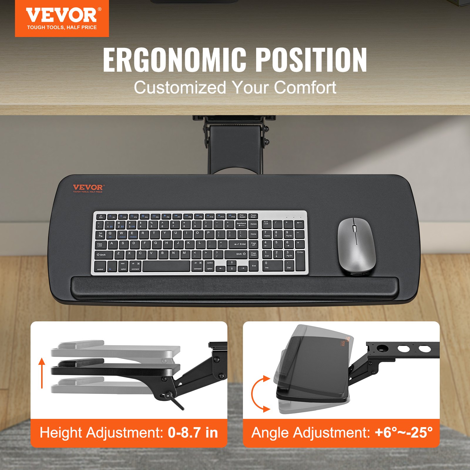 VEVOR keyboard tray with height and angle adjustment for ergonomic positioning under a desk.
