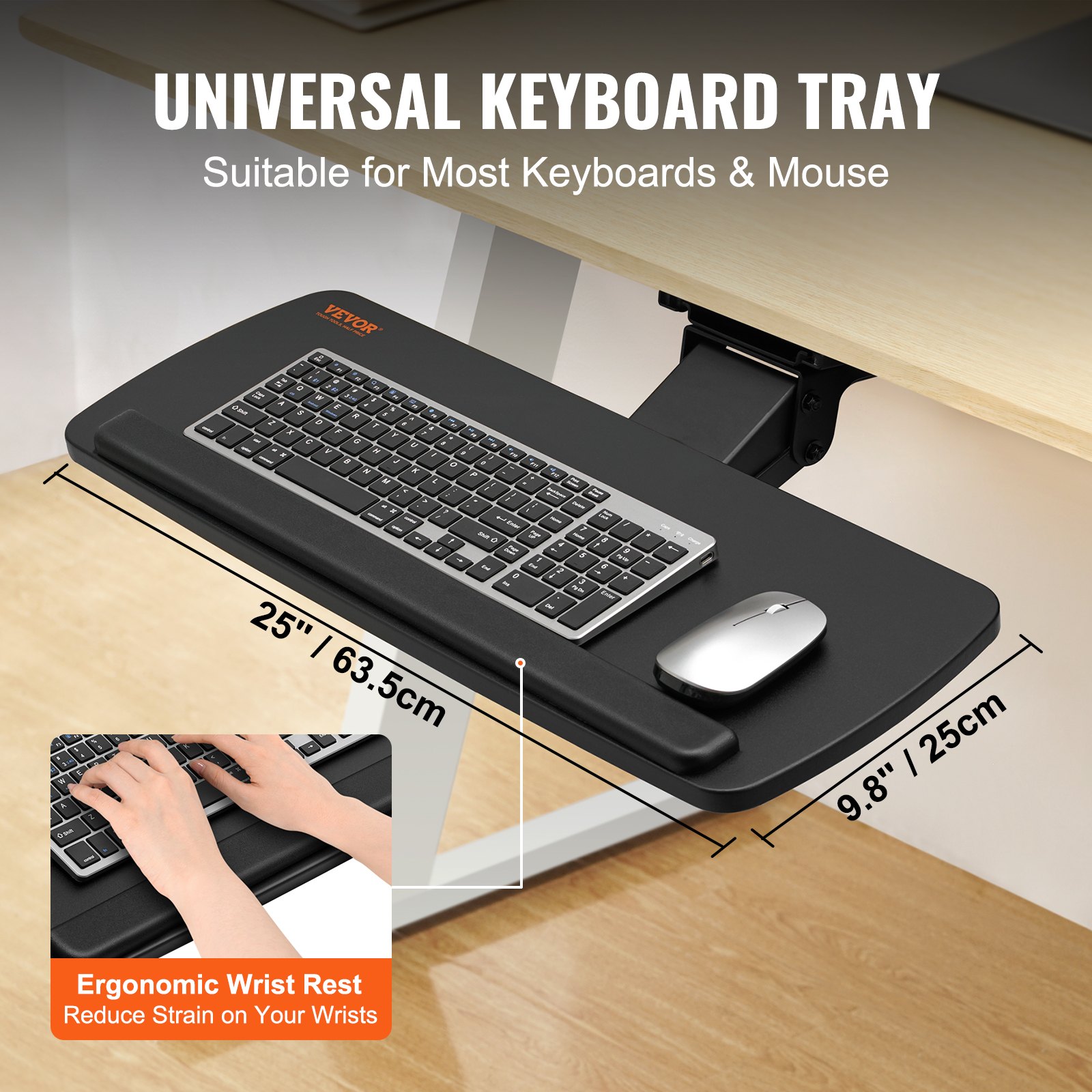 VEVOR keyboard tray with ergonomic wrist rest, fits most keyboards and mouse, 25&quot; x 9.8&quot; size.