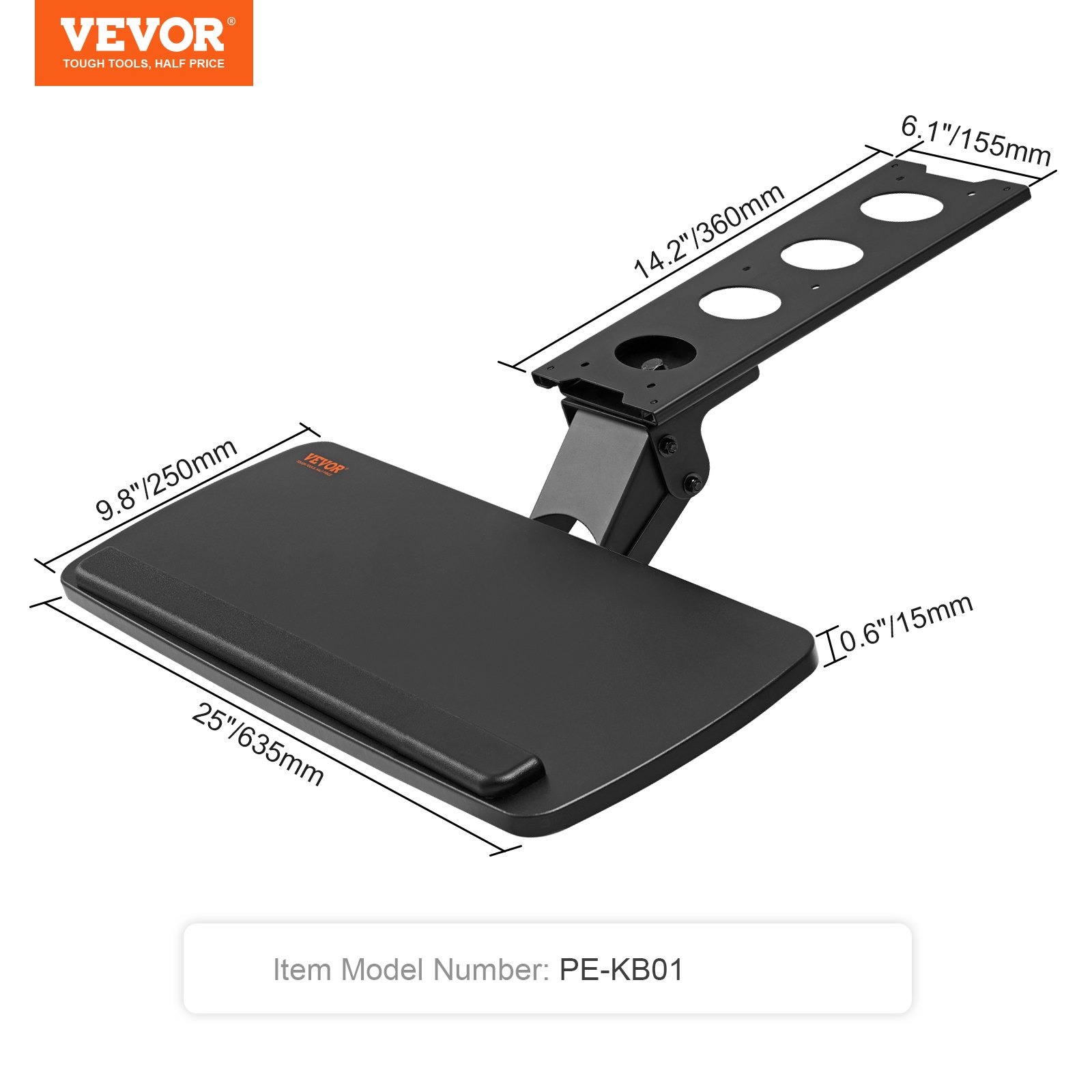 VEVOR keyboard tray pe-kb01 with dimensions 25&quot;x9.8&quot;x14.2&quot;, black adjustable mount bracket.