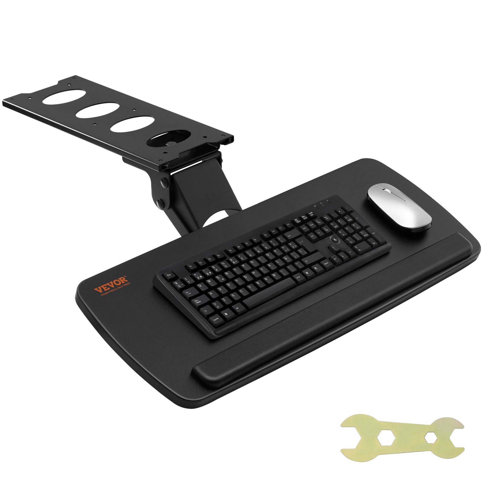 VEVOR keyboard tray with black keyboard, mouse, and installation tool visible.