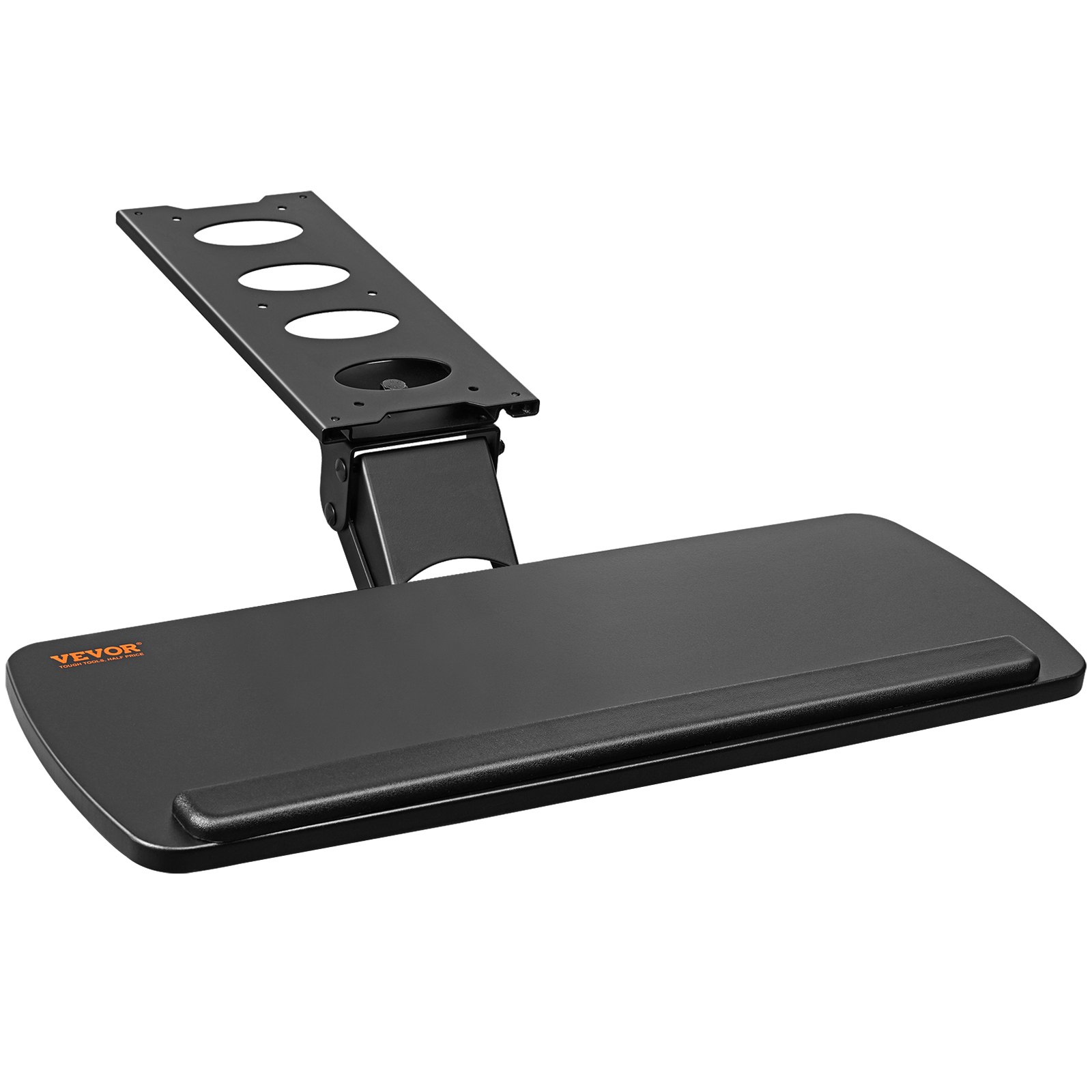 black VEVOR keyboard tray with adjustable mount and ergonomic wrist rest.