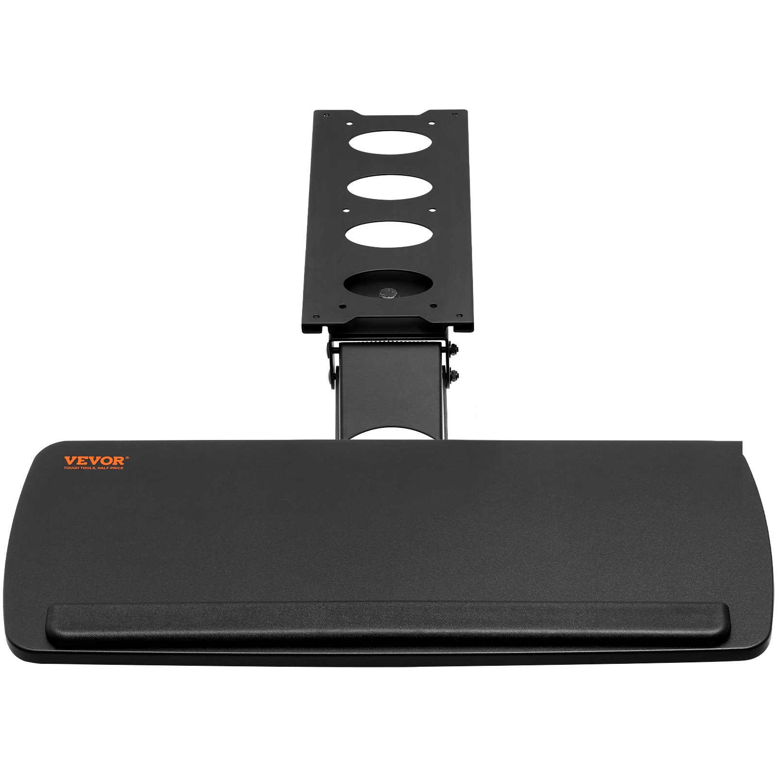 VEVOR keyboard tray with wrist rest and adjustable mounting arm in black.
