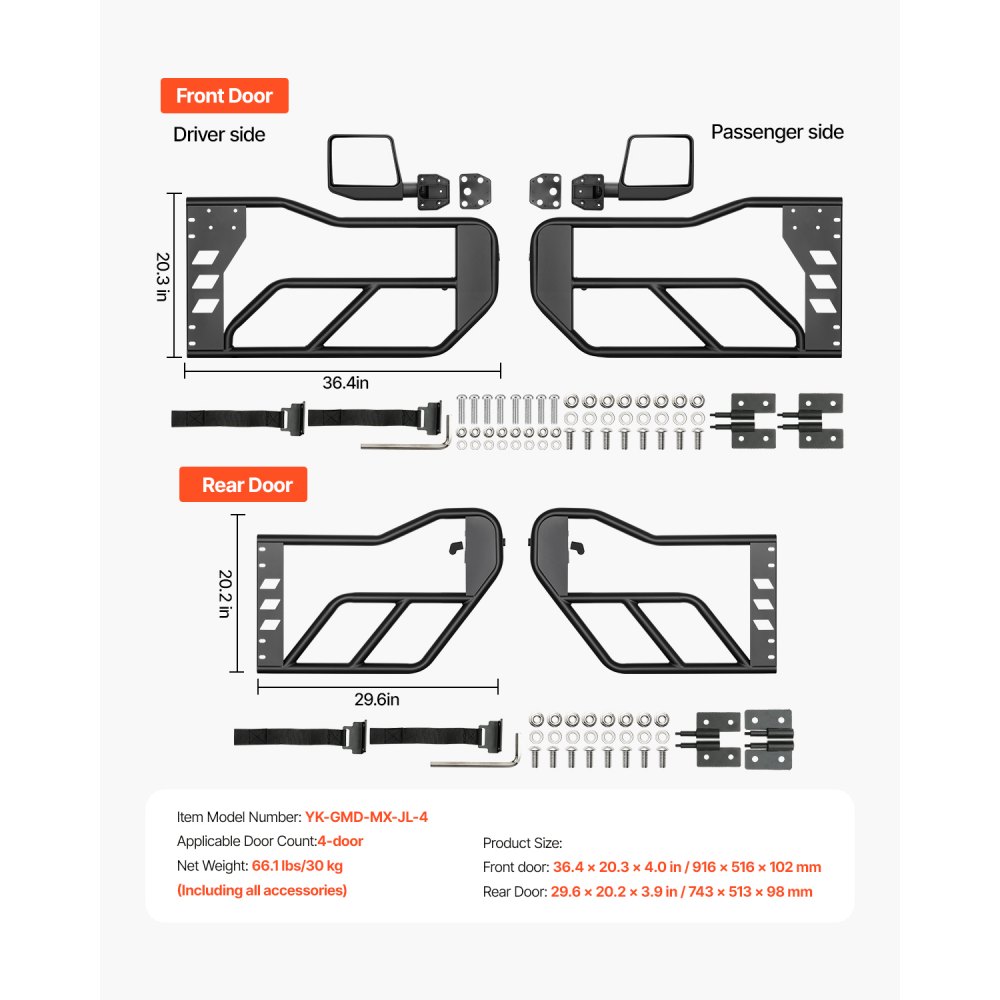 VEVOR Jeep Tube Doors, 4-Door, Adventure Style Jeep Tubular Door with DOT Certified Rear View Mirrors, Jeep Doors with Rear Mirrors for 2018-2024 Jeep Wrangler JL & 2020-2024 Jeep Gladiator JT