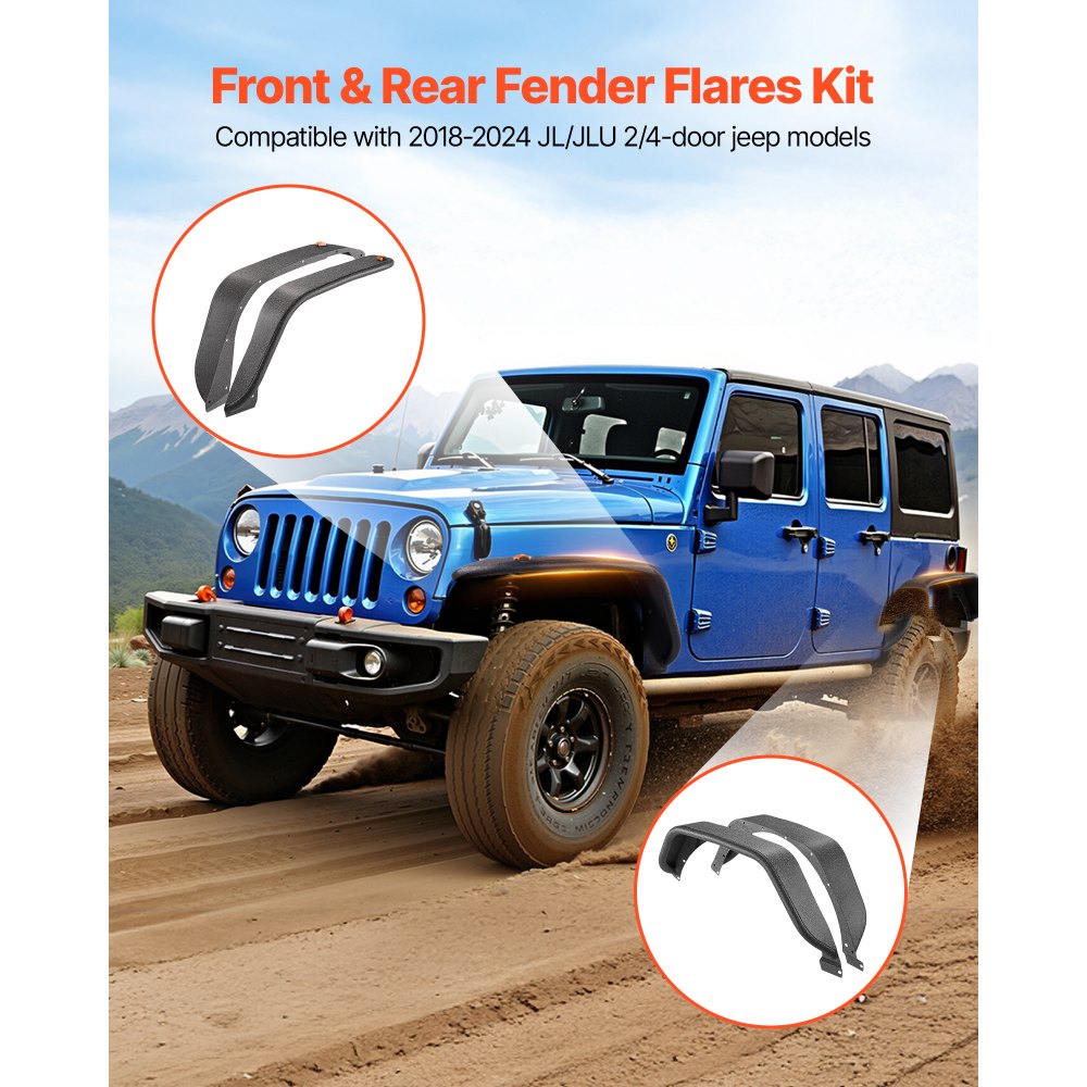 Guardabarros VEVOR, delantero y trasero, compatibles con Jeep JL/JLU 2018-2024 de 2/4 puertas, juego de revestimientos de acero todoterreno con iluminación LED, guardabarros negros de textura fina, pintables para Jeep JL