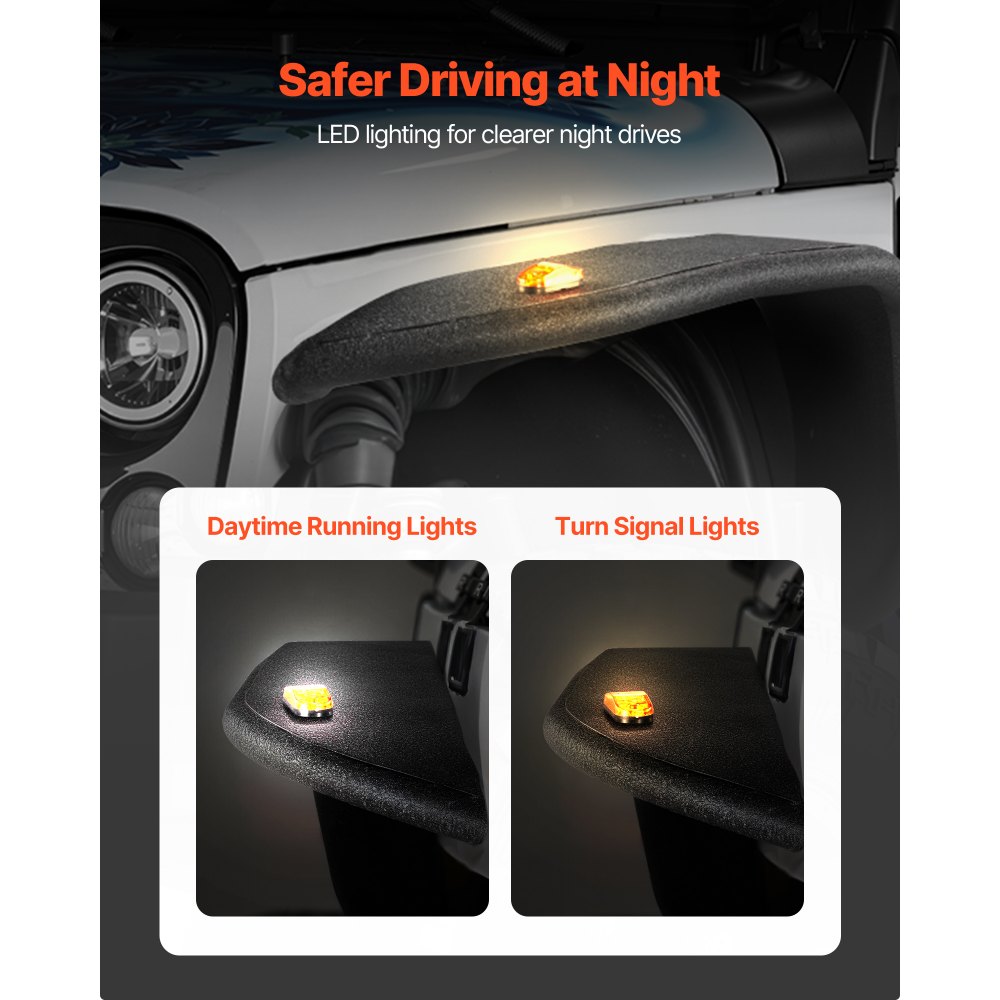 Guardabarros VEVOR, delantero y trasero, compatibles con Jeep JL/JLU 2018-2024 de 2/4 puertas, juego de revestimientos de acero todoterreno con iluminación LED, guardabarros negros de textura fina, pintables para Jeep JL