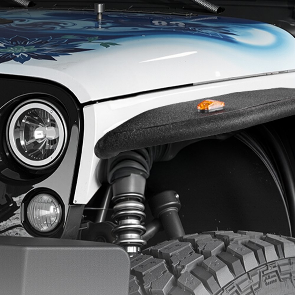 Guardabarros VEVOR, delantero y trasero, compatibles con Jeep JL/JLU 2018-2024 de 2/4 puertas, juego de revestimientos de acero todoterreno con iluminación LED, guardabarros negros de textura fina, pintables para Jeep JL