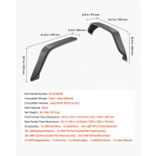 VEVOR Fender Flare, Front & Rear Jeep Fender Flares Compatible with 2018-2024 Jeeps JL/JLU 2/4 Doors, Off-Road Steel Liner Set with LED Lighting, Fine-Textured Black Paintable  Fenders for Jeep JL