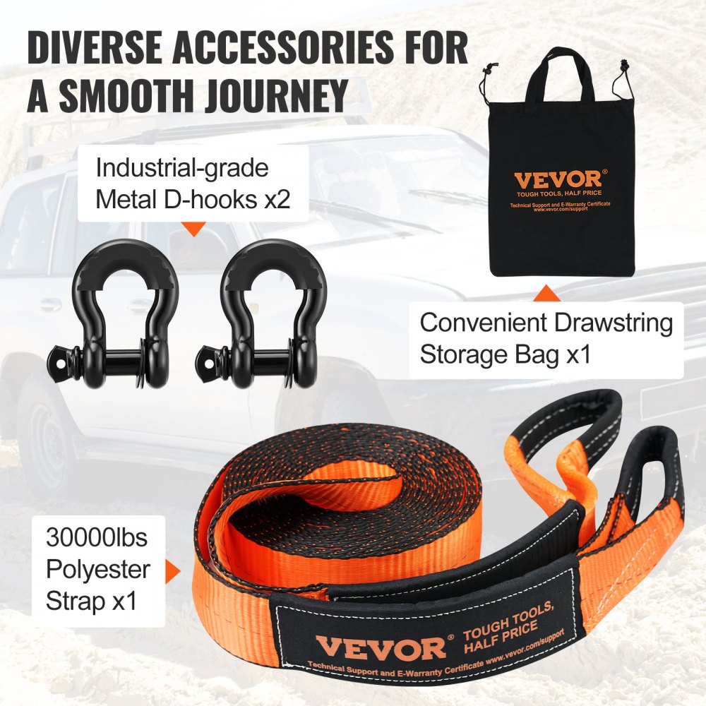 VEVOR Off-Road Recovery Kit, 7.6 x 914.4 cm, Heavy Duty Winch Recovery Kit with 13,608 kg Capacity Polyester Tow Strap, 20,000 kg D-Ring Shackles, Storage Bag, for ATVs, Jeeps, Off-Road Vehicles, Trucks