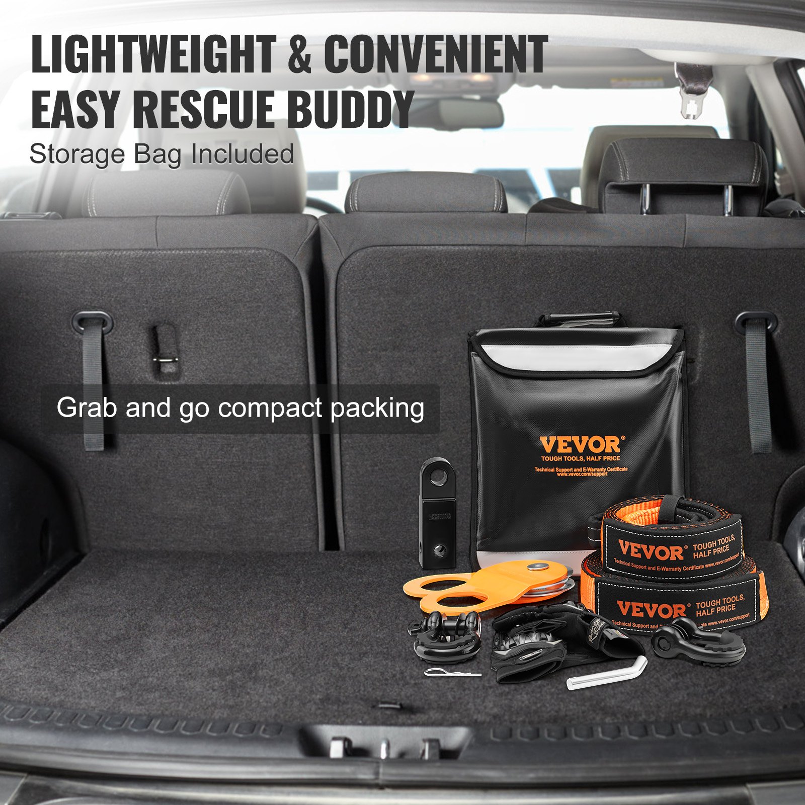 VEVOR Off-Road Recovery Kit, 7.6 x 914.4 cm, Heavy Duty Winch Recovery Kit with 13608 kg Tow Straps, 20T D-Ring Shackles, Shackle Receiver, Snatch Block Pulley, Gloves, Storage Bag for ATV Jeep Truck