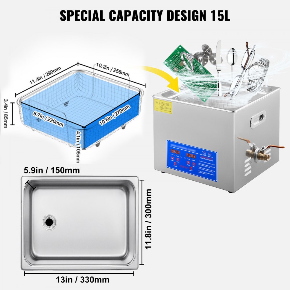 VEVOR 15L Ultrasonic Cleaner with Digital Timer&Heater Professional Ultrasonic Cleaner 40kHz Advanced Ultrasonic Cleaner 110V for Wrench Screwdriver Repairing Tools Industrial Parts Mental Cleaning