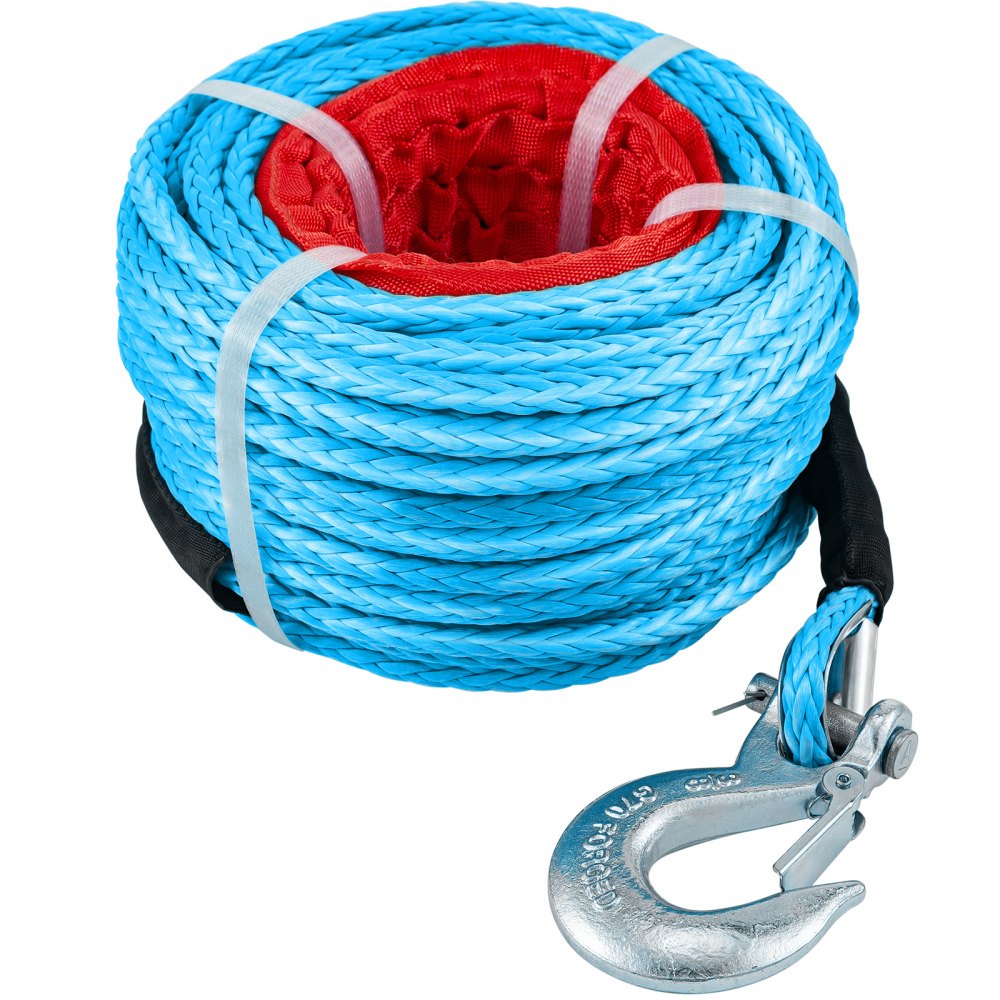 VEVOR Synthetic Winch Rope 3/8in x 100ft, Winch Line Cable with G70 Hook 18,740lbs Working Strength, 12 Strands, Synthetic Winch Cable w/Protective Sleeve, for Vehicles Towing, Blue