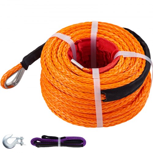 VEVOR Synthetic Winch Rope 3/8\" x 100ft, Winch Cable with G70 Hook 18740 Lbs Working Strength, 12 Strands, Synthetic Winch Cable w/Protective Sleeve, for Vehicles Towing, Orange