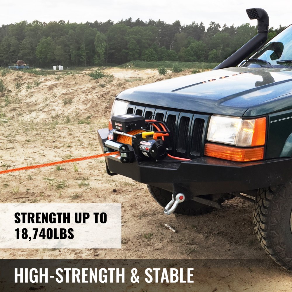 VEVOR Synthetic Winch Rope 3/8\" x 100ft, Winch Cable with G70 Hook 18740 Lbs Working Strength, 12 Strands, Synthetic Winch Cable with Protective Sleeve, for Vehicles Towing, Orange