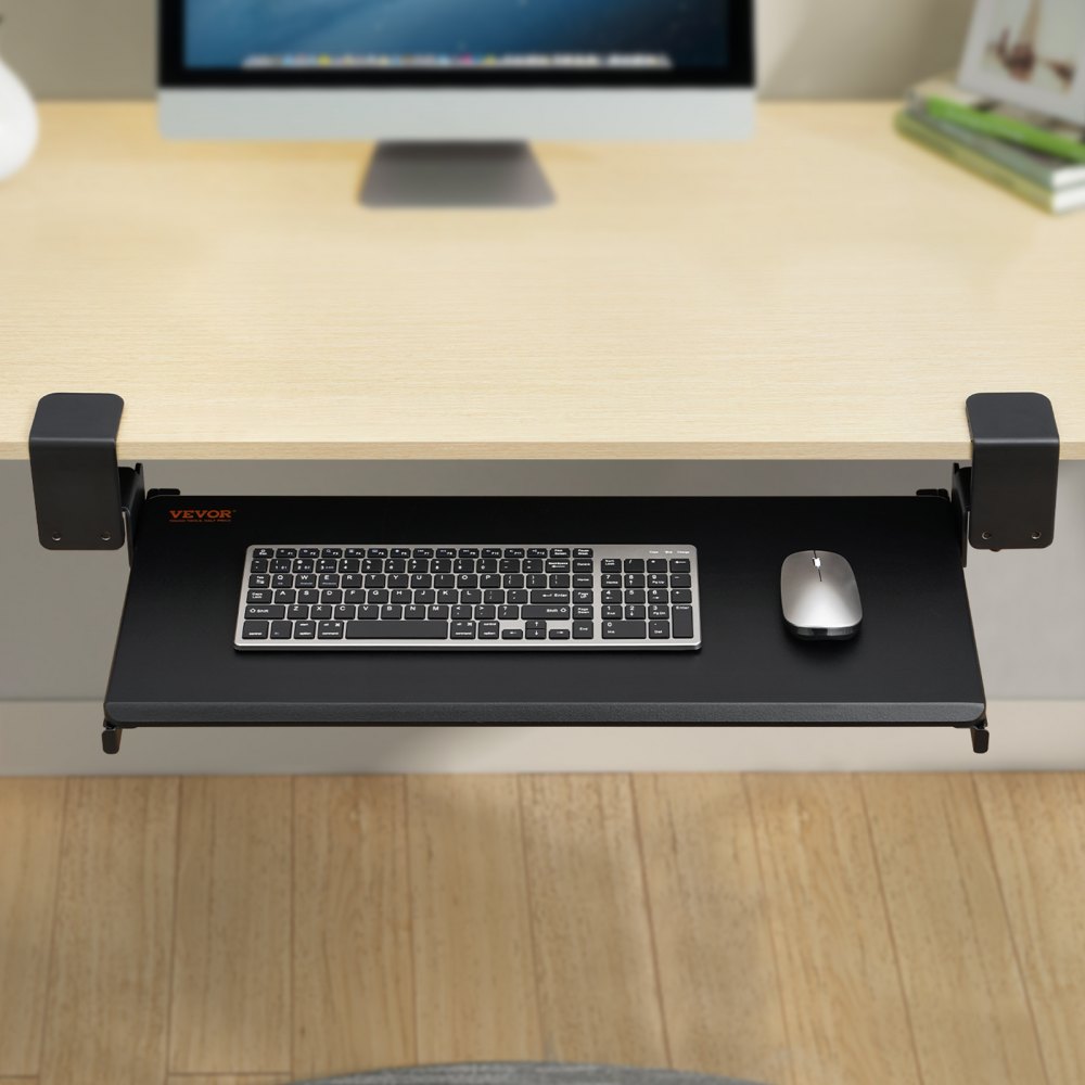 VEVOR keyboard tray under desk with keyboard and mouse, modern workspace with wooden floor.