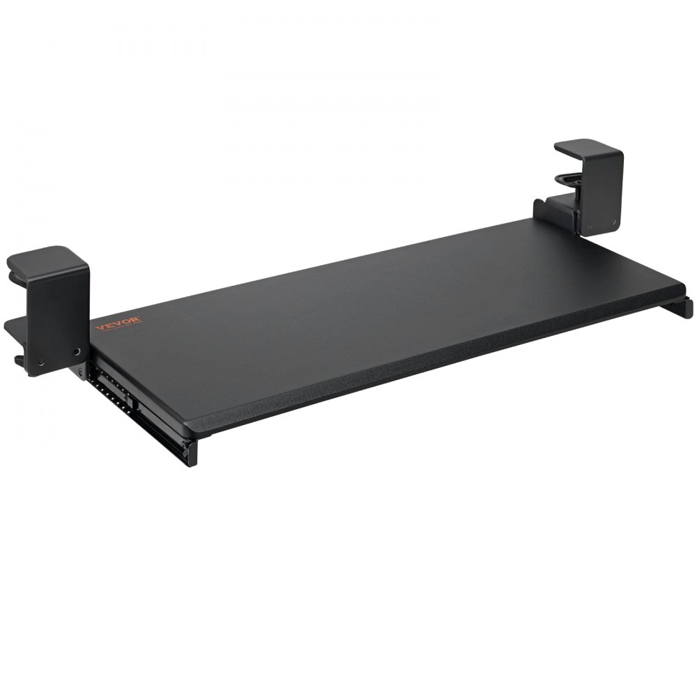 black VEVOR keyboard tray with adjustable clamp mounts and a sleek, minimalist design.