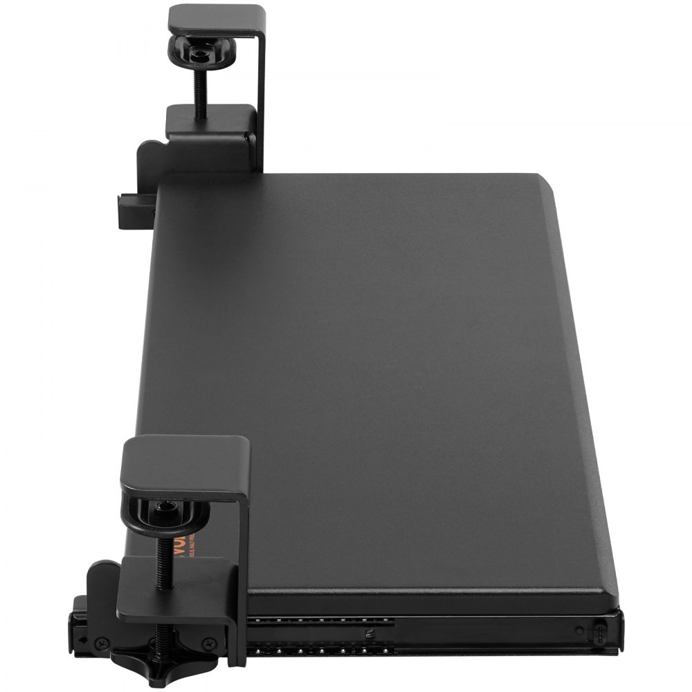 black adjustable VEVOR keyboard tray with clamp mounts for desks, front view.