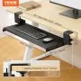 VEVOR keyboard tray with dimensions, attached to a desk, showing a keyboard and mouse on the tray.