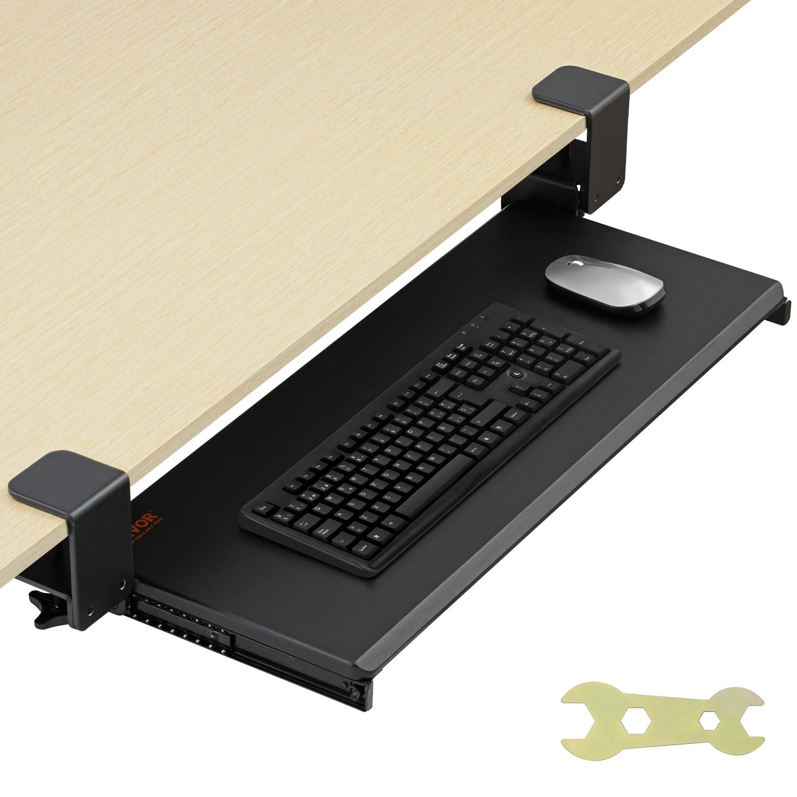 VEVOR keyboard tray with mouse and keyboard attached under a wooden desk, wrench included