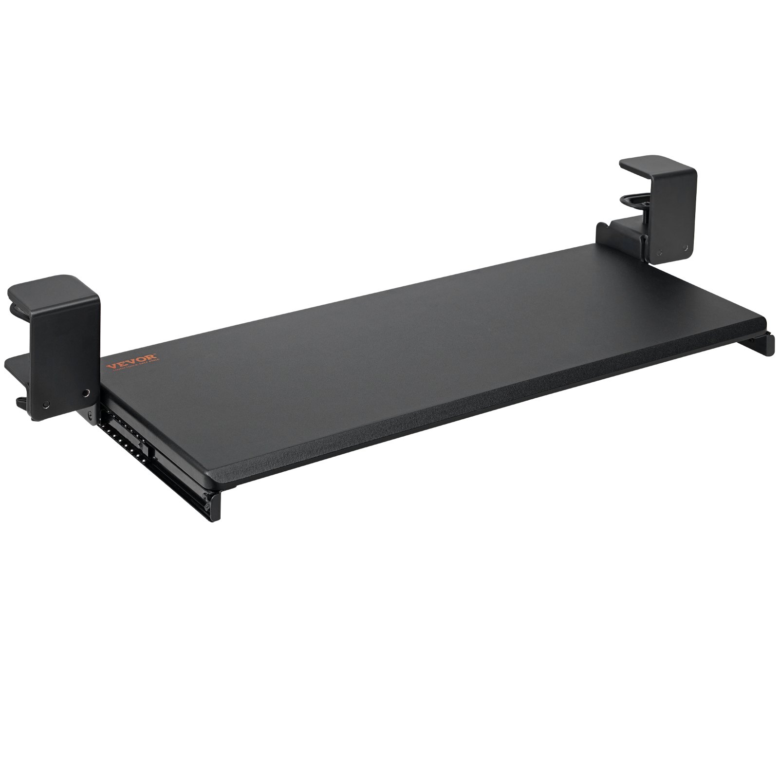 black VEVOR keyboard tray with adjustable clamp mounts and a sleek, minimalist design.