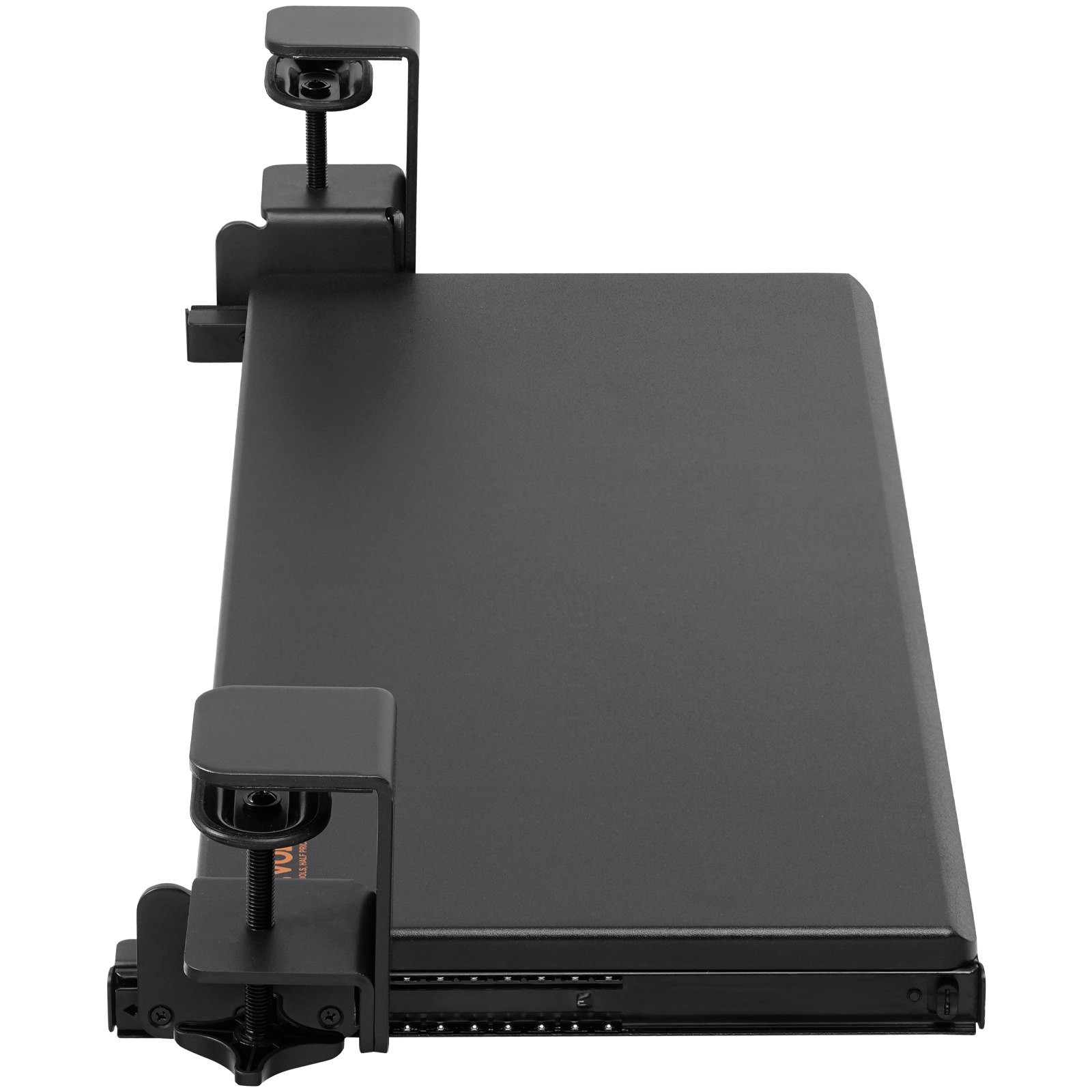 black adjustable VEVOR keyboard tray with clamp mounts for desks, front view.