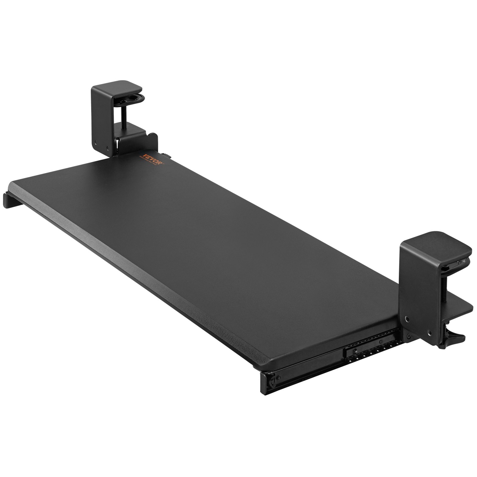 black VEVOR keyboard tray secured with adjustable clamps for under desk mounting.