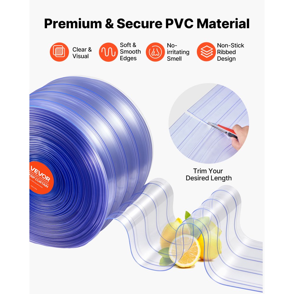 VEVOR Clear PVC Strip Curtain, 45.7 m Length x 20 cm Width, Ribbed Plastic Door Strip Bulk Roll, Walk in Freezer Cooler Curtain Strips for Doorways of Supermarket, Garage, Warehouse, Pet Animal House