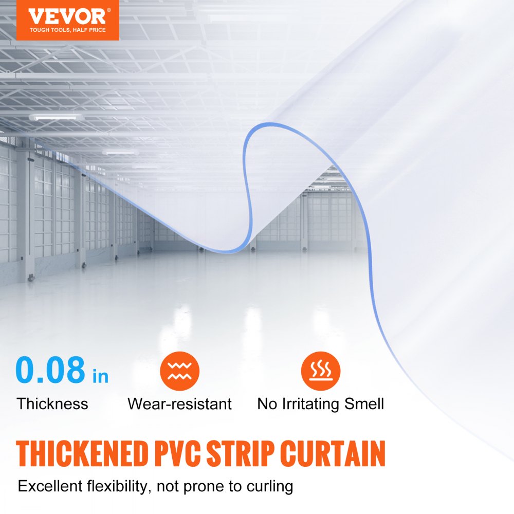 VEVOR Clear PVC Strip Curtain, 45.7 m Length x 20 cm Width, Plastic Door Strip Bulk Roll, Walk in Freezer Cooler Curtain Strips for Doorways of Supermarket, Garage, Warehouse, Barn, Pet Animal House