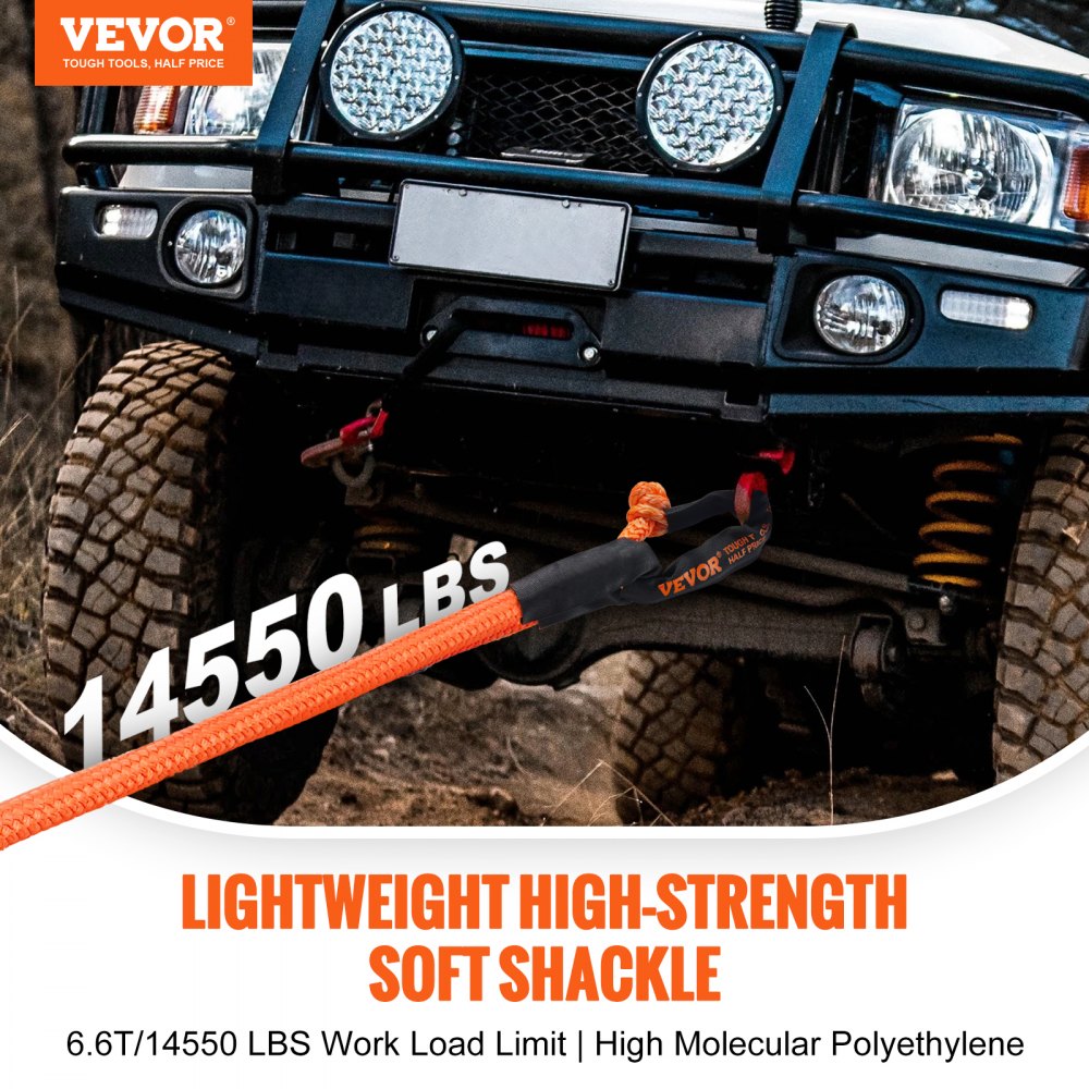VEVOR Synthetic Soft Shackle Rope, 2 Pack 12.7 x 558.8 mm 20 Ton Breaking Strength Recovery Tow Shackles with Extra 2 Sleeves and Storage Bag for UTV, ATV, Trucks, Jeep, Off-Road Vehicles, Orange