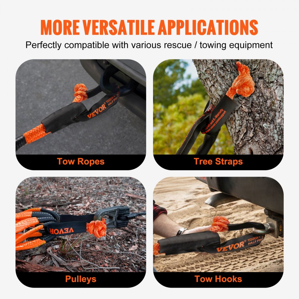 VEVOR Synthetic Soft Shackle Rope, 2 Pack 12.7 x 558.8 mm 20 Ton Breaking Strength Recovery Tow Shackles with Extra 2 Sleeves and Storage Bag for UTV, ATV, Trucks, Jeep, Off-Road Vehicles, Orange