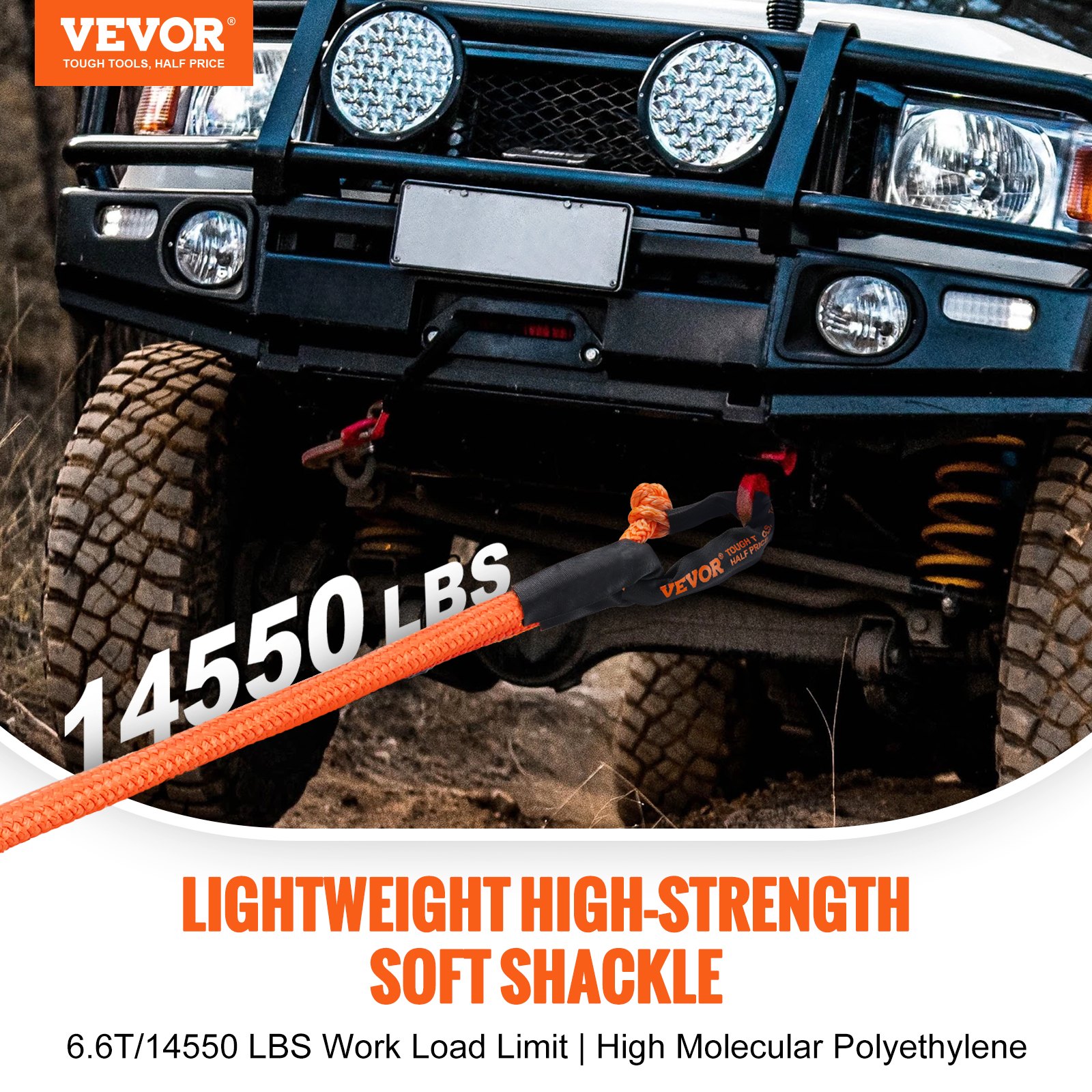 VEVOR Synthetic Soft Shackle Rope, 2 Pack 12.7 x 558.8 mm 20 Ton Breaking Strength Recovery Tow Shackles with Extra 2 Sleeves and Storage Bag for UTV, ATV, Trucks, Jeep, Off-Road Vehicles, Orange