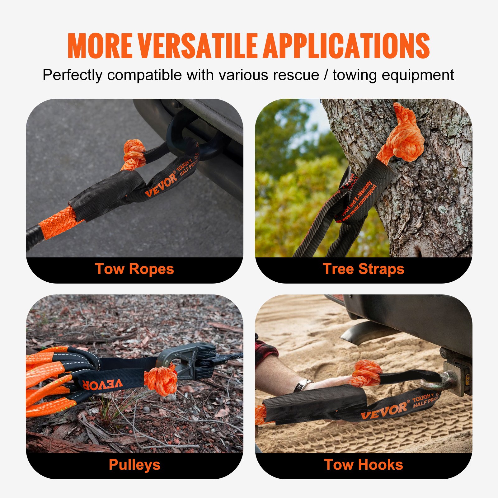 VEVOR Synthetic Soft Shackle Rope, 2 Pack 12.7 x 558.8 mm 20 Ton Breaking Strength Recovery Tow Shackles with Extra 2 Sleeves and Storage Bag for UTV, ATV, Trucks, Jeep, Off-Road Vehicles, Orange