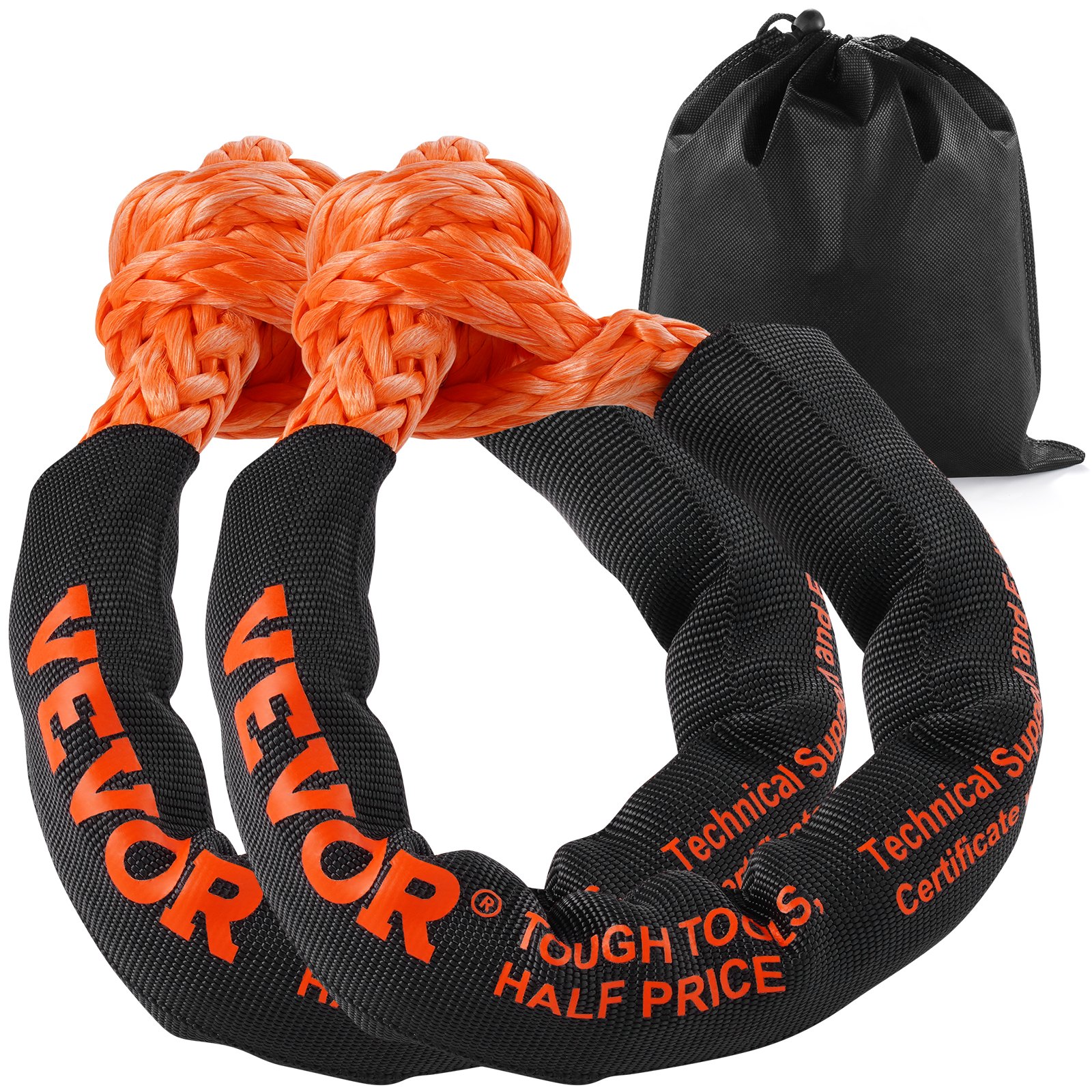 VEVOR Synthetic Soft Shackle Rope, 2 Pack 12.7 x 558.8 mm 20 Ton Breaking Strength Recovery Tow Shackles with Extra 2 Sleeves and Storage Bag for UTV, ATV, Trucks, Jeep, Off-Road Vehicles, Orange