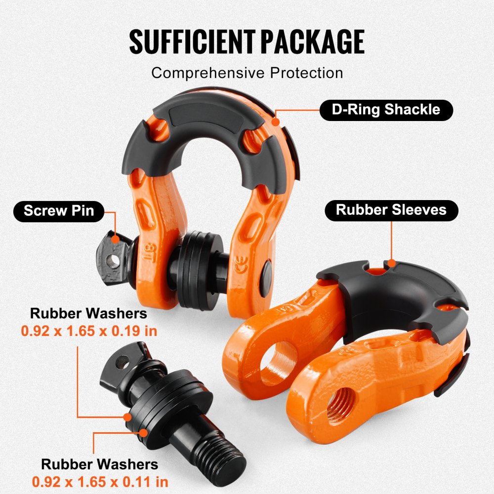 VEVOR D-Ring Shackle, 2 Pack 19.05 mm Alloy Steel Shackles 30 Ton Break Strength with 22 mm Screw Pin, Isolators & Washers Kit, Heavy Duty Off Road Vehicle Recovery Shackle for Jeep Truck, Orange