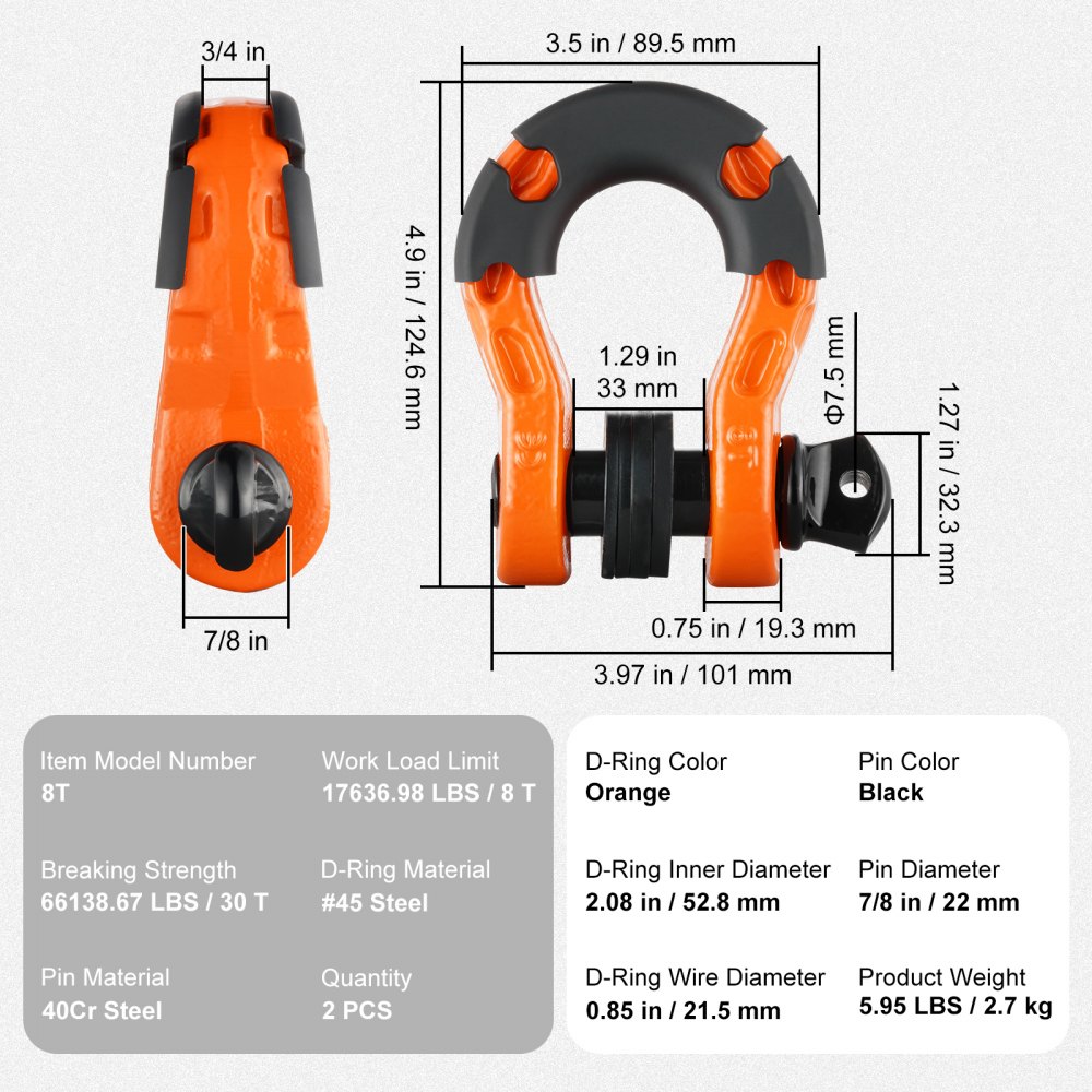 VEVOR D-Ring Shackle, 2 Pack 19.05 mm Alloy Steel Shackles 30 Ton Break Strength with 22 mm Screw Pin, Isolators & Washers Kit, Heavy Duty Off Road Vehicle Recovery Shackle for Jeep Truck, Orange