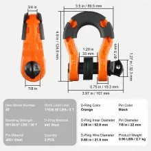 VEVOR 3/4" D-Ring Shackle, 2 Pack Alloy Steel Shackles 66139 lbs (30 Ton) Break Strength with 7/8" Screw Pin, Isolators & Washers, Heavy Duty Off Road Vehicle Recovery Shackle for Jeep Truck, Orange