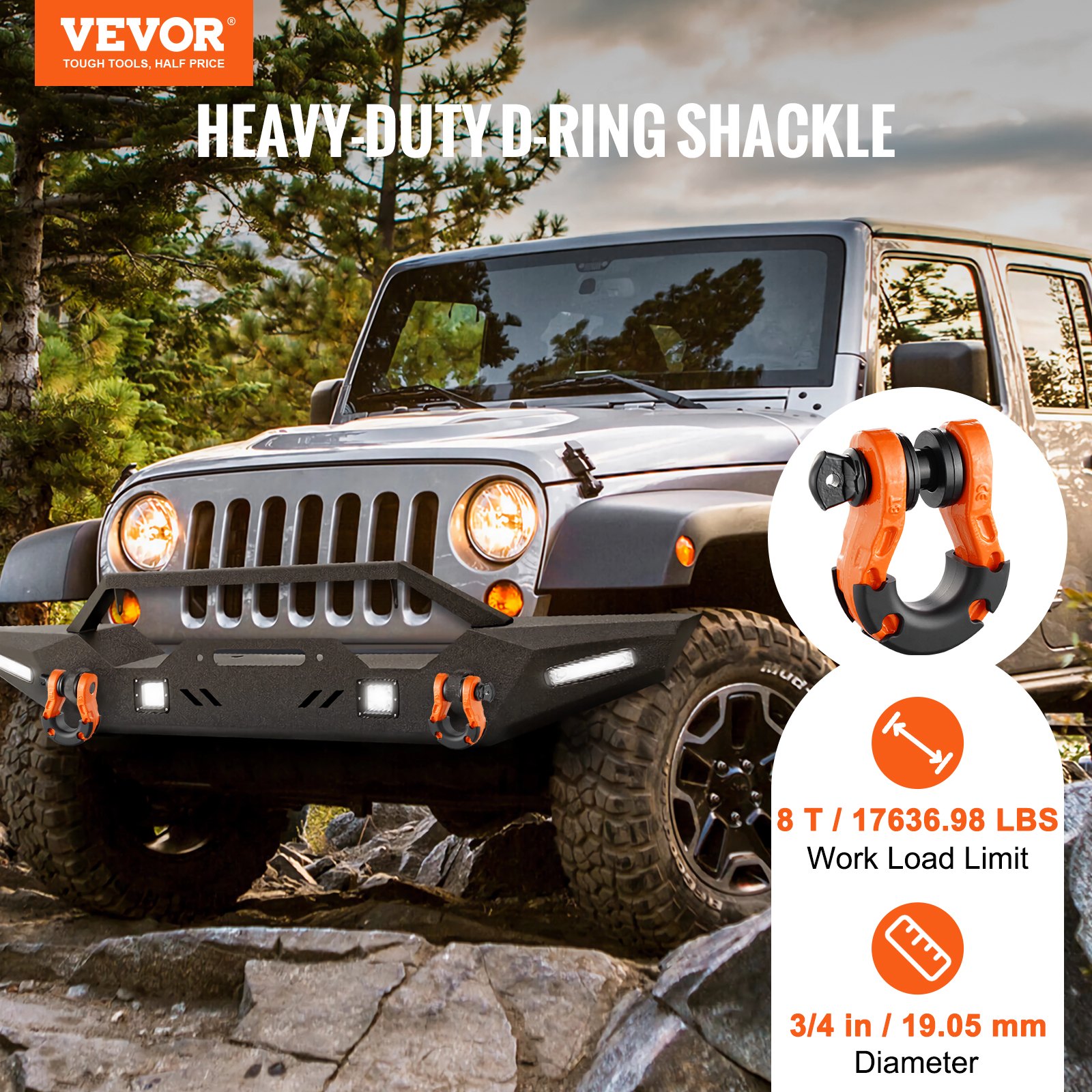 VEVOR D-Ring Shackle, 2 Pack 19.05 mm Alloy Steel Shackles 30 Ton Break Strength with 22 mm Screw Pin, Isolators & Washers Kit, Heavy Duty Off Road Vehicle Recovery Shackle for Jeep Truck, Orange