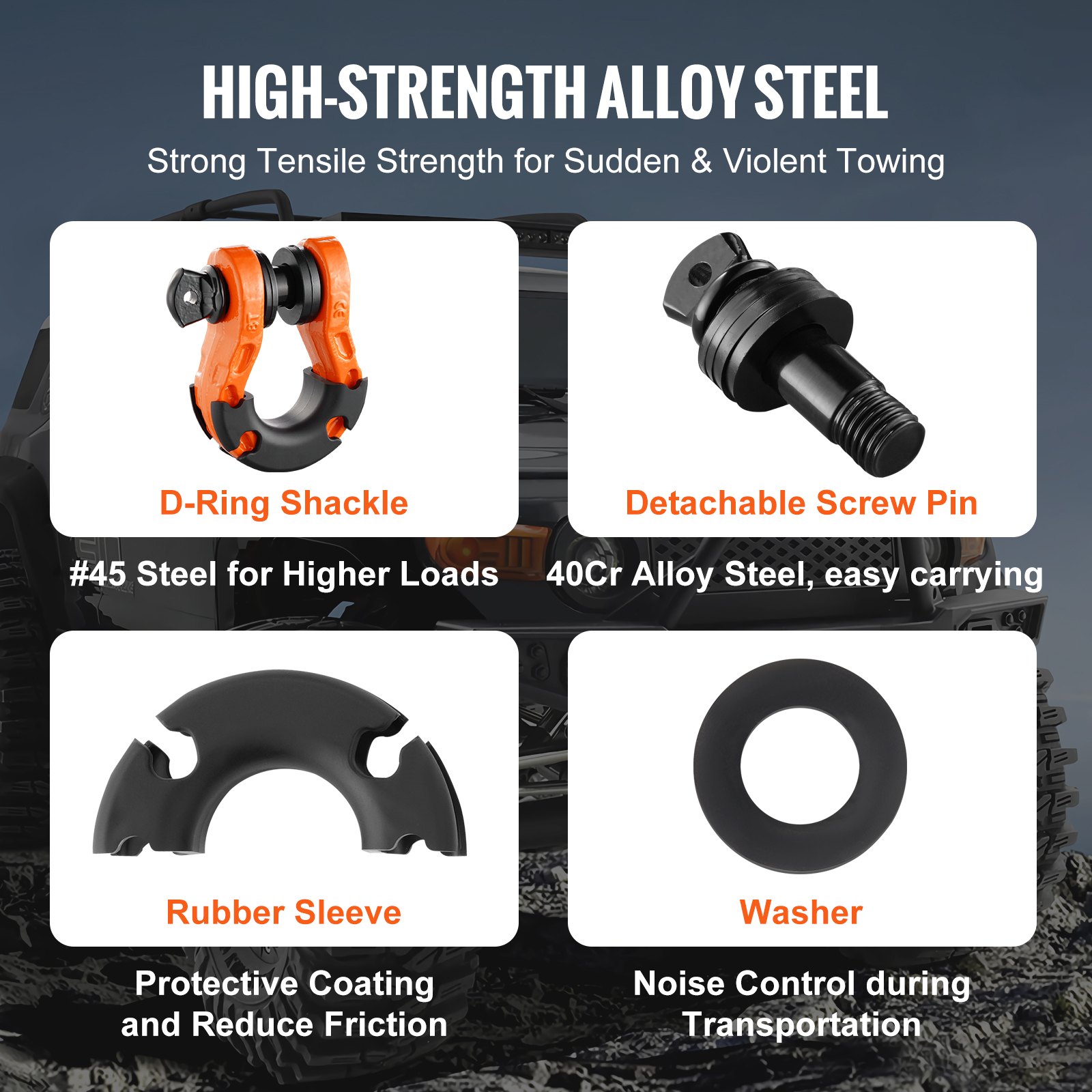 VEVOR D-Ring Shackle, 2 Pack 19.05 mm Alloy Steel Shackles 30 Ton Break Strength with 22 mm Screw Pin, Isolators & Washers Kit, Heavy Duty Off Road Vehicle Recovery Shackle for Jeep Truck, Orange