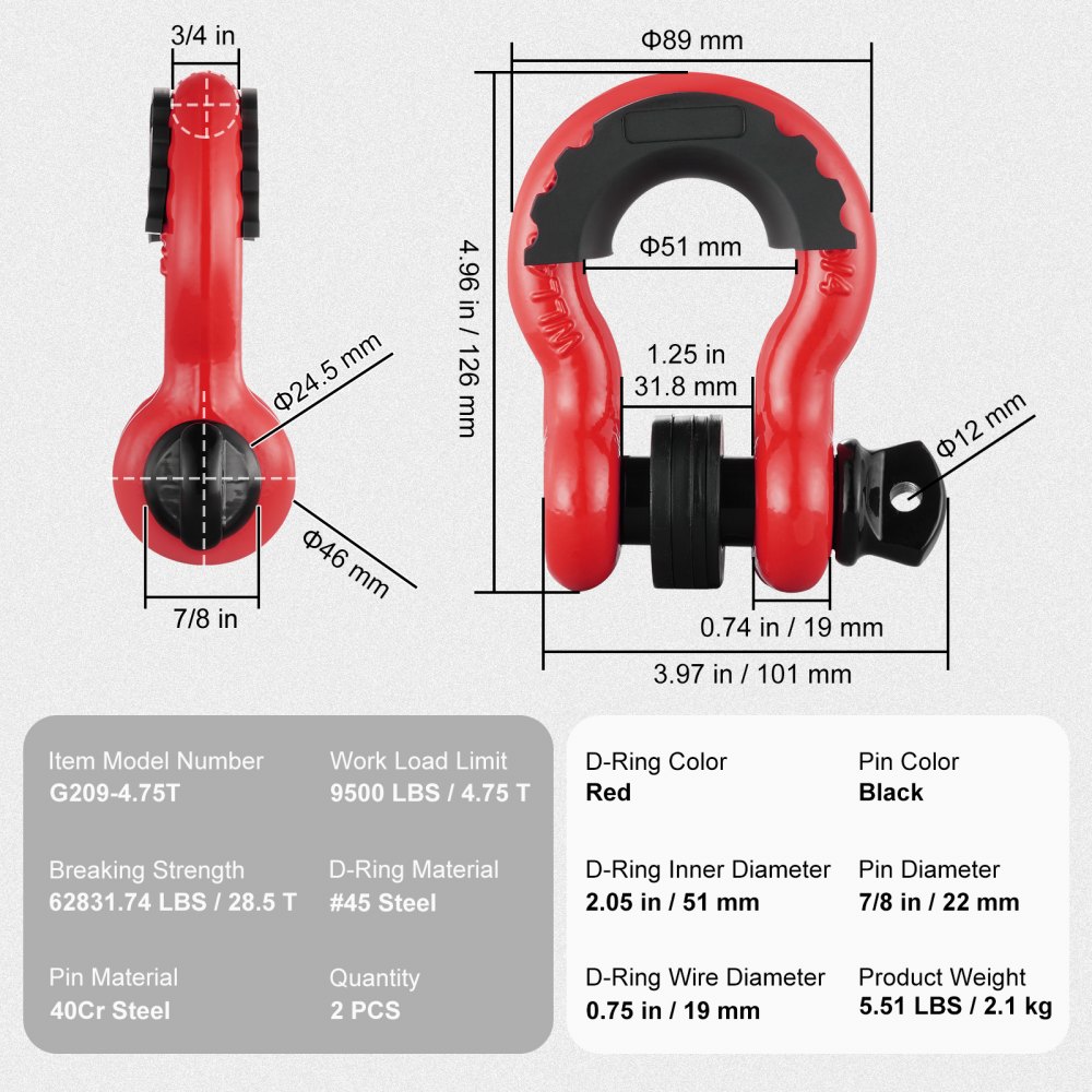 VEVOR D-Ring Shackle, 2 Pack 19.05 mm Alloy Steel Shackles 28.5 Ton Break Strength with 22 mm Screw Pin, Isolators & Washers Kit, Heavy Duty Off Road Vehicle Recovery Shackle for Jeep & Truck, Red