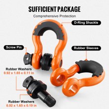 VEVOR 3/4" D-Ring Shackle, 2 Pack Alloy Steel Shackles 62832 lbs (28.5 Ton) Break Strength with 7/8" Screw Pin, Isolators & Washers, Heavy Duty Off Road Vehicle Recovery Shackle for Jeep Truck, Orange