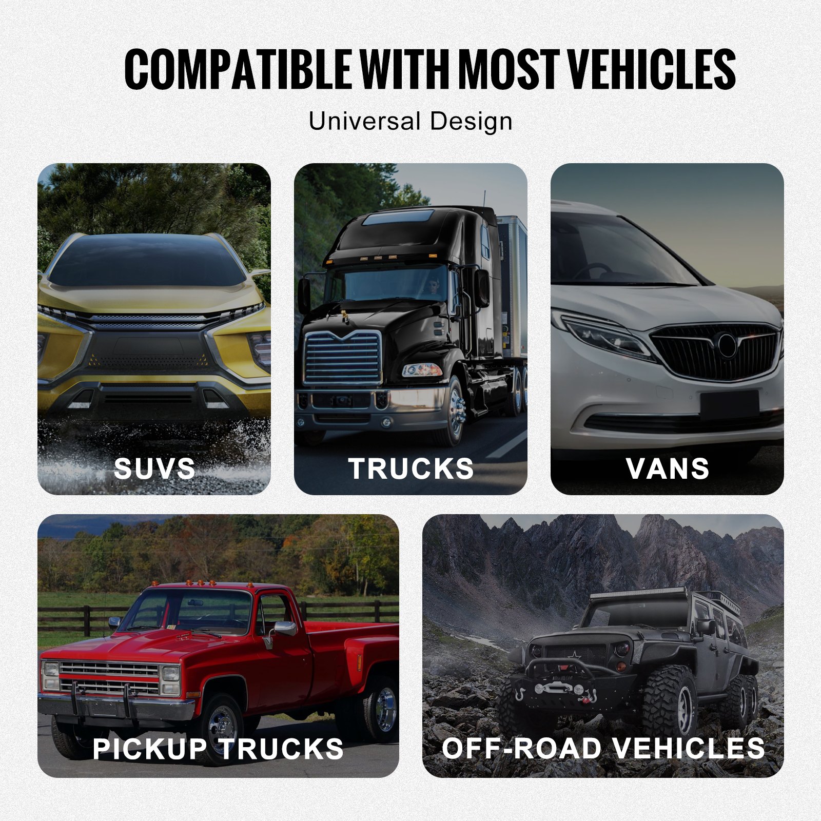 VEVOR d-ring shackle compatible with suvs, trucks, vans, pickup trucks, and off-road vehicles.