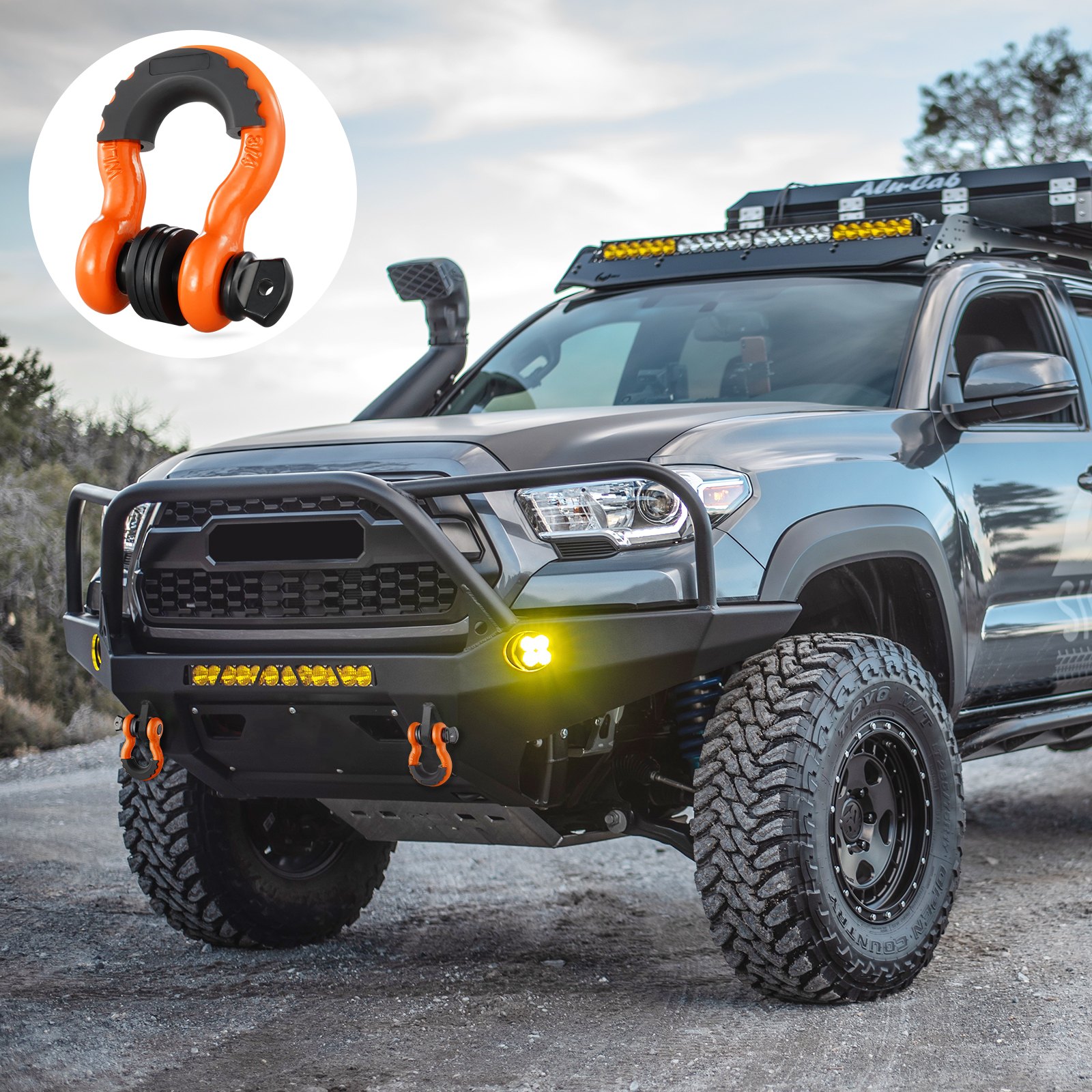 off-road vehicle with VEVOR d-ring shackle in focus, featuring rugged bumper and bright fog lights.
