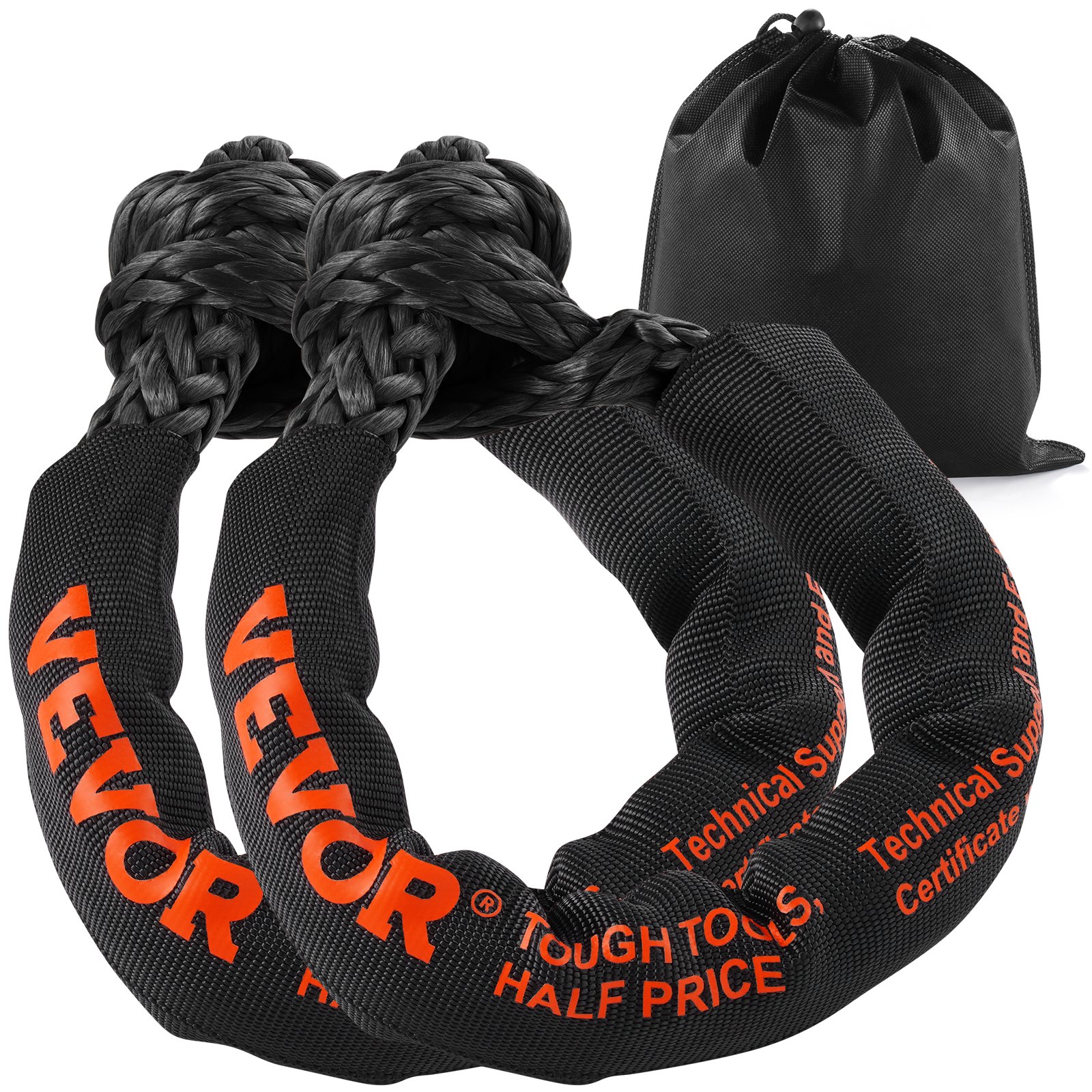 VEVOR Synthetic Soft Shackle Rope, 2 Pack 12.7 x 558.8 mm 20 Ton Breaking Strength, Recovery Tow Shackles with Extra 2 Sleeves and Storage Bag for UTV, ATV, Trucks, Jeep, Off-Road Vehicles, Black