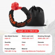 VEVOR Synthetic Soft Shackle Rope, 2 Pack 12.7 x 558.8 mm 20 Ton Breaking Strength Recovery Tow Shackles with Extra 2 Sleeves and Storage Bag for UTV, ATV, Trucks, Jeep, Off-Road Vehicles Towing, Red