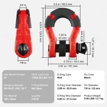 VEVOR 3/4" D-Ring Shackle, 2 Pack Alloy Steel Shackles 66139 lbs (30 Ton) Break Strength with 7/8" Screw Pin, Isolators & Washers, Heavy Duty Off Road Vehicle Recovery Shackle for Jeep Truck, Red