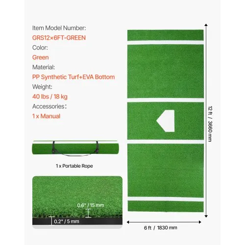 VEVOR 10'x3.8' Baseball Softball Hitting Batting Mat, Indoor/ Outdoor Anti-Slip Anti-Fade Softball Mat, Lined & Foam Backing Training Aid with Tightening Rope, Portable Practice Mats, Green