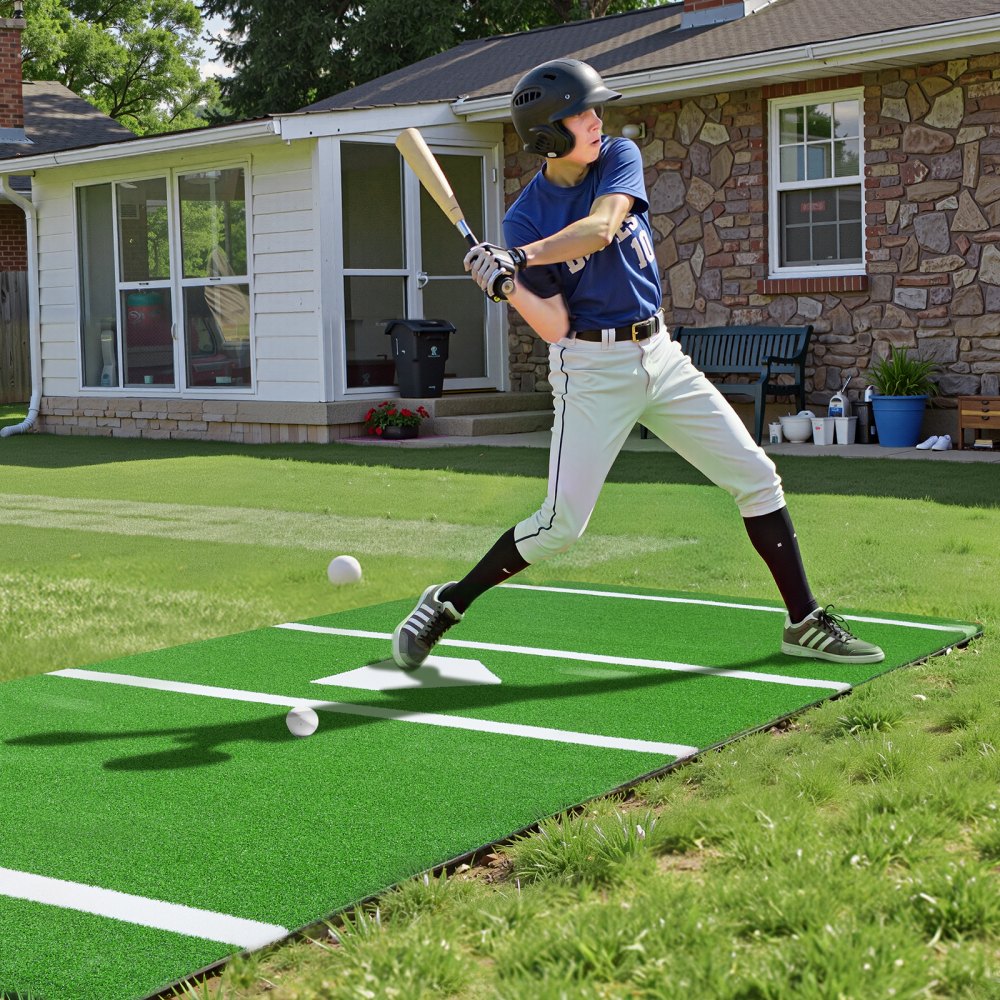 VEVOR Baseball Hitting Mat, 366x183cm Batting Cage Mat, Batters Box Turf Mats, Softball Batting Practice Equipment with Home Plate and Anti Fade Turf, Portable Training Aid for Indoor Outdoor, Green