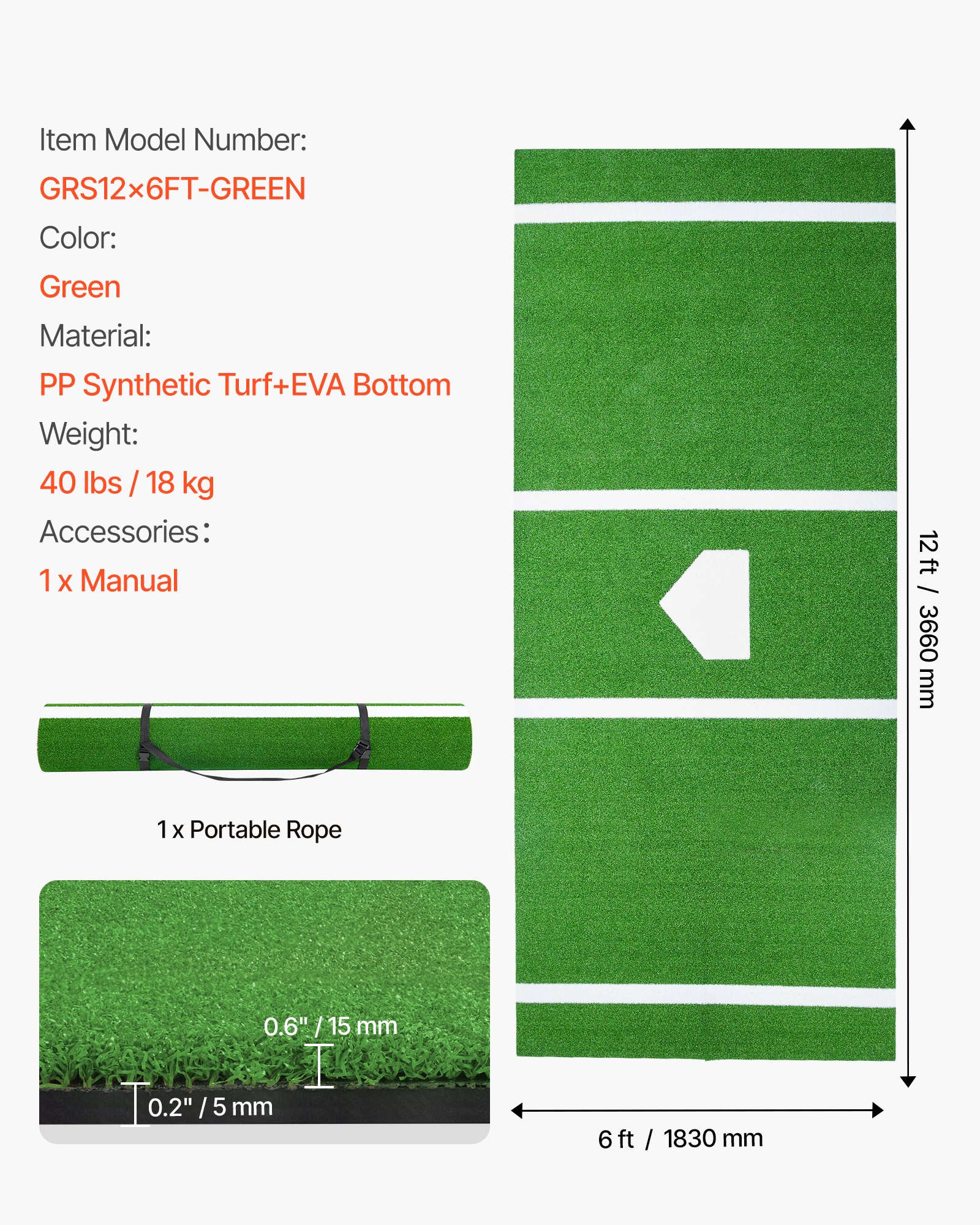 VEVOR Baseball Hitting Mat, 366x183cm Batting Cage Mat, Batters Box Turf Mats, Softball Batting Practice Equipment with Home Plate and Anti Fade Turf, Portable Training Aid for Indoor Outdoor, Green
