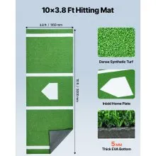 VEVOR Baseball Softball Hitting Batting Mat, 10' x 3.8' Indoor/Outdoor Softball Mat, Lined & Foam Backing Anti-Slip Anti-Fade Softball Training Aid, Portable Practice Mat with Tightening Rope, Green
